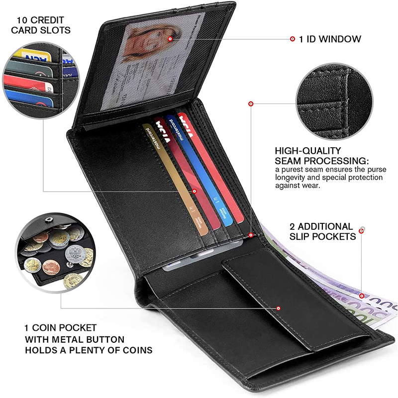 100% Genuine Leather Men's Wallet RFID Protection Tri-Fold Black