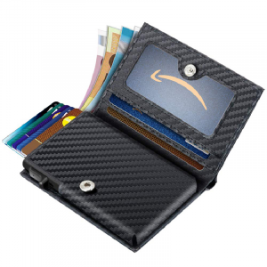carbod and leather pop up card holder and rfid wallet